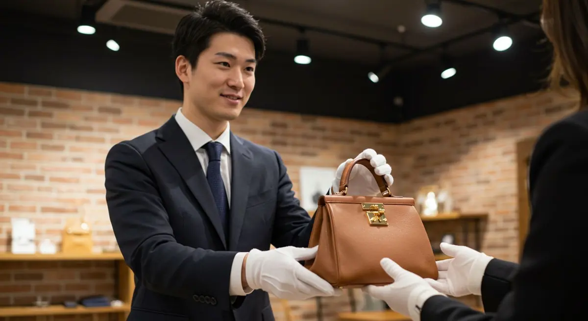 ブランドバッグをお渡しするスタッフ