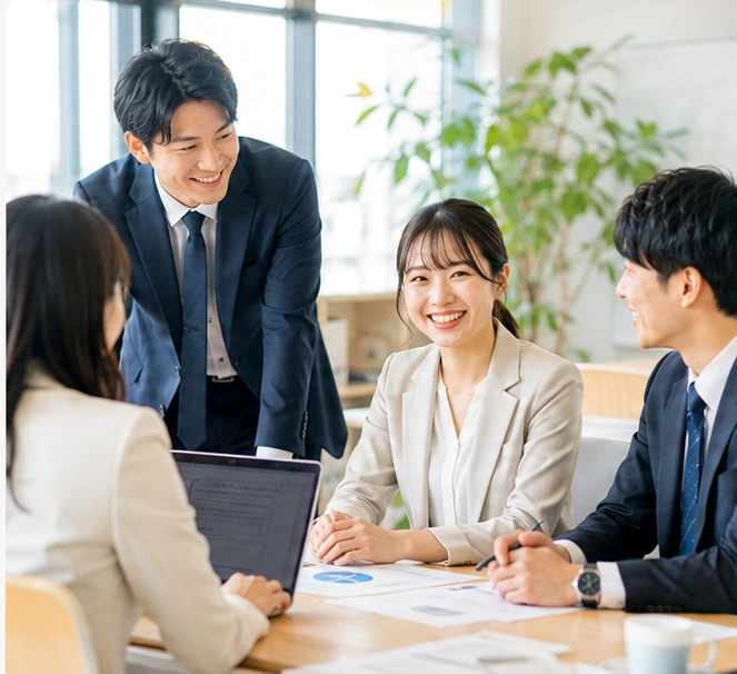 ミーティングで談笑するスタッフたち